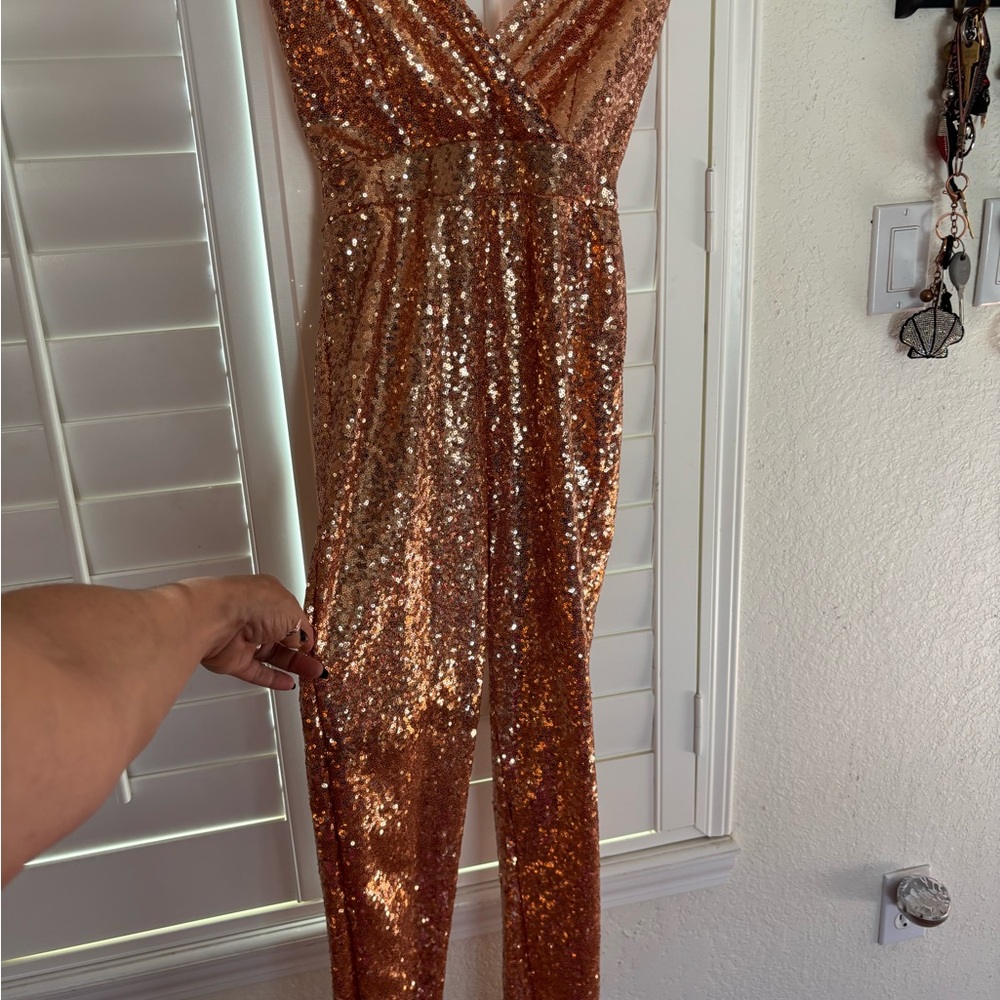 Gold  gorgeous "Sequin Jumpsuit with Plunging V-Neckline